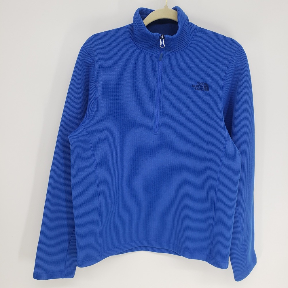 The North Face Ribbed Knit Quarter Zip Pullover Men M Blue Fleece Lined Sweater